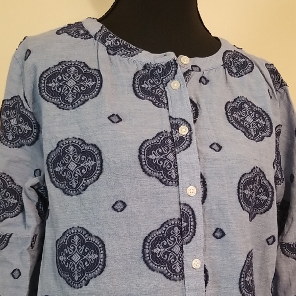 LOFT Women's Boho Blue Medallion Blouson Sleeve Cotton Button Up Tunic Top Small - Picture 2 of 13